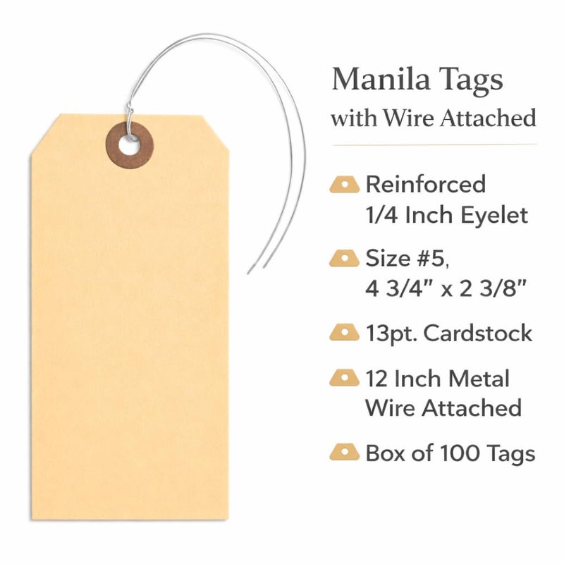 EZDOM Label Tags with Wire Attached - 4 3/4" x 2 3/8" Box of 100 Blank Manila Tags with Reinforced Hole and Metal Wire Ties, Labels with Wire - Image 3